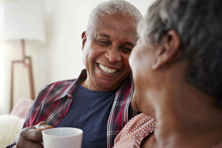 Retired couple drinking coffee