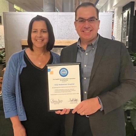 Accepting the 2025 Excellence in Patient Safety Recognition are Holy Redeemer Hospital’s AVP of Quality, Susan Radick, MSN, RN (left), and Krzysztof Stypulkowski, DNP, MBA, RN, Associate Vice President of Health Care Delivery and Patient Safety Officer (right).